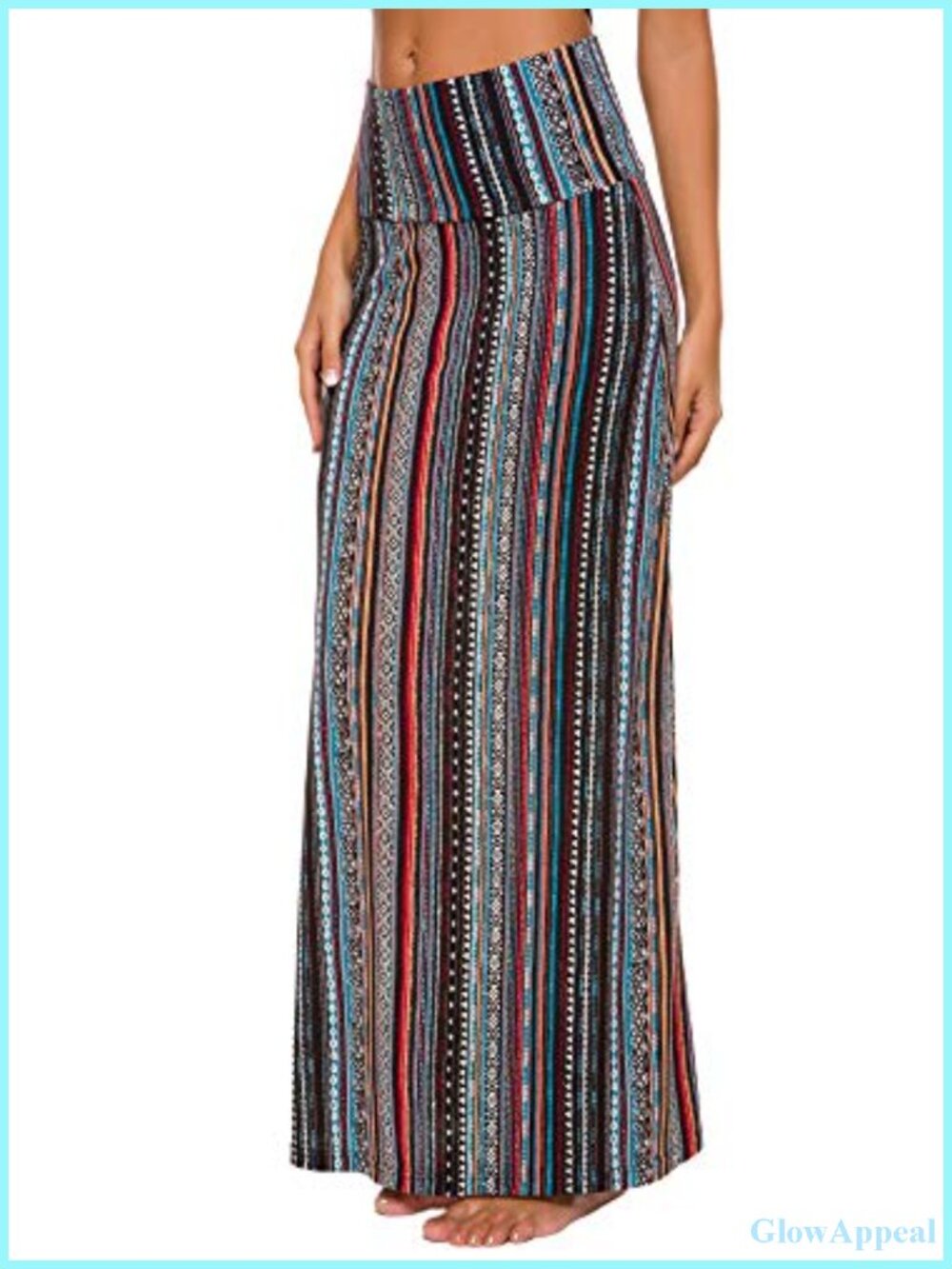 FOLD-OVER FLARE MAXI SKIRT COMFY STRETCH SPANDEX SOLID HIGH WAIST
